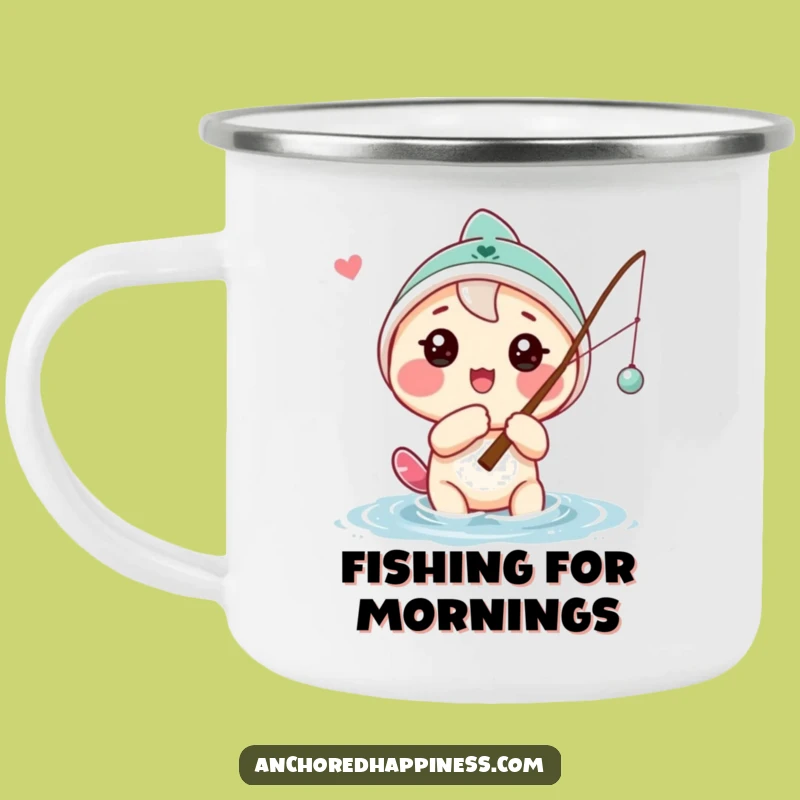 Funny Hopeful Angler Camping Mug: Playful Character Rugged Drinkware, Perfect Funny Gift