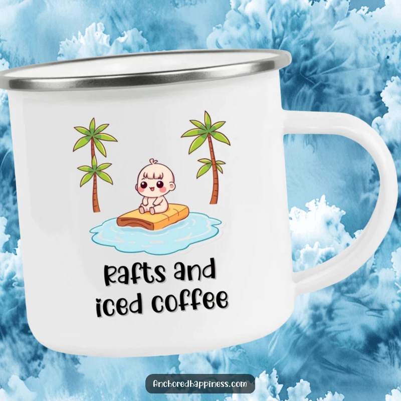 Funny kawaii character sunbathing on a raft on a durable camping mug, perfect for outdoor humor and relaxation.