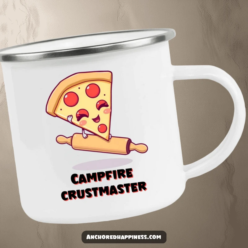 Funny camping mug showing a winking pizza slice balancing on a rolling pin. Durable and humorous for outdoor food lovers. Rugged and funny.