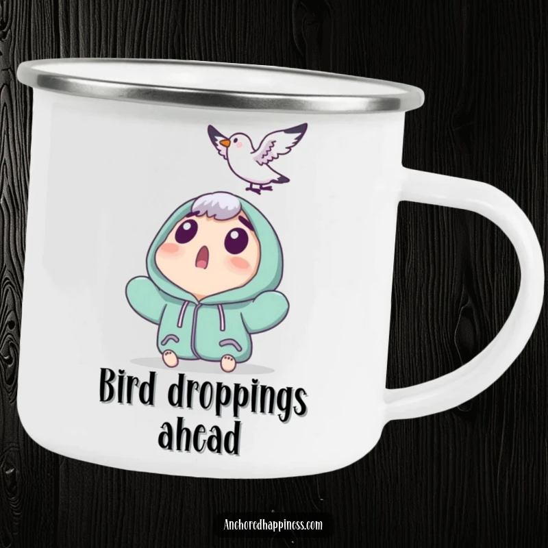 Funny camping mug showing a surprised character looking up at a tiny seagull landing, ideal for outdoor enjoyment with a humorous touch.