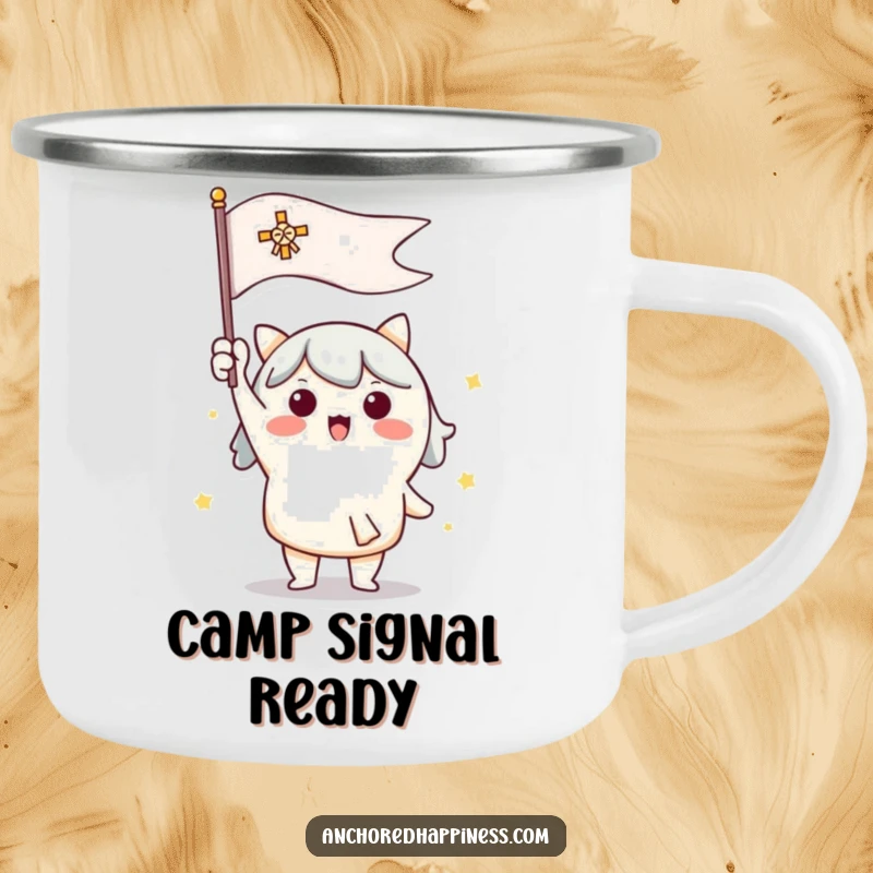 Funny camping mug with a cute character enthusiastically raising a signal flag, perfect for outdoor motivation.