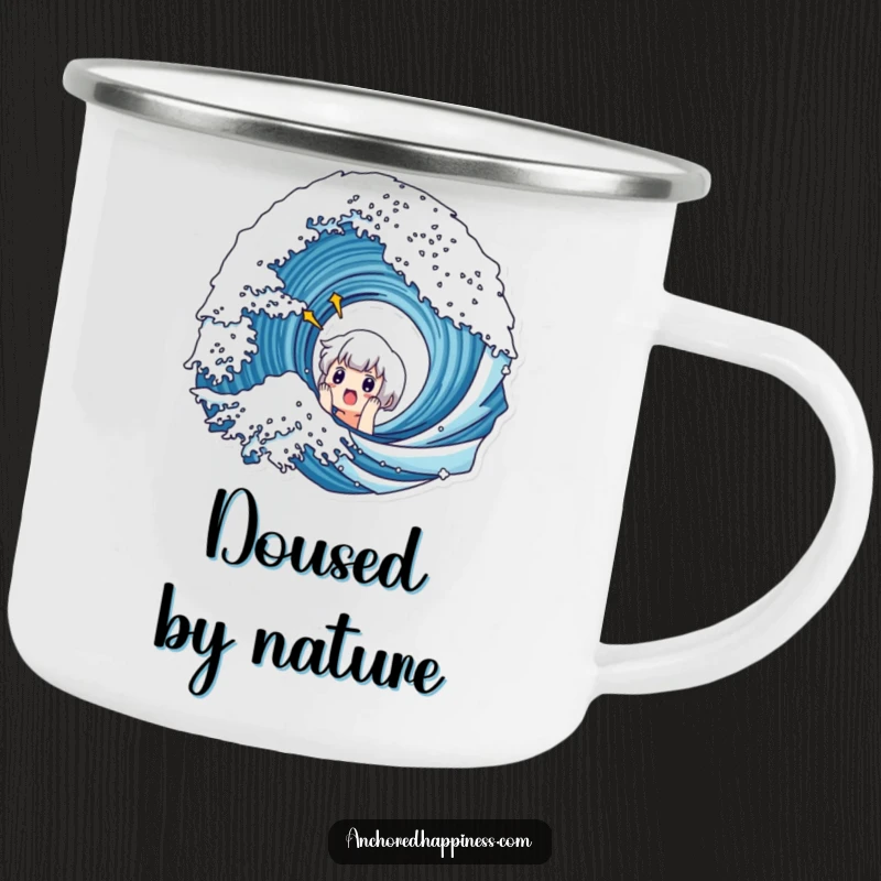 Funny camping mug showing a cute character looking surprised by a large wave, perfect for outdoor humor.