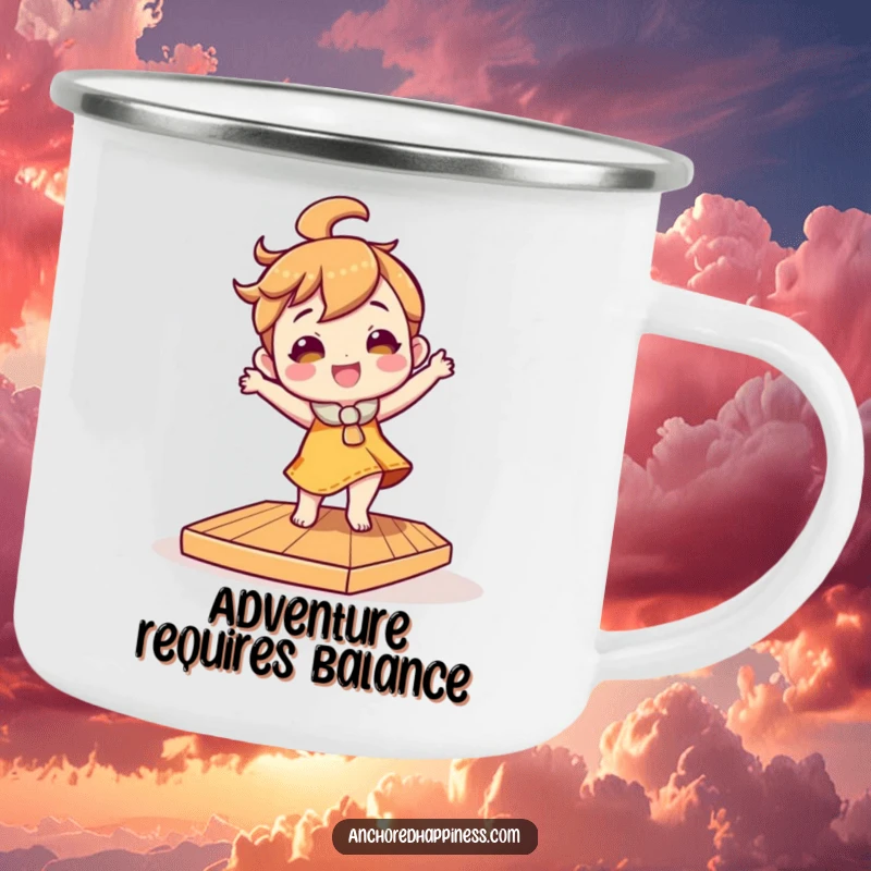 Funny camping mug featuring a character dancing wildly on a tilted wooden deck, ideal for outdoor fun and laughter.