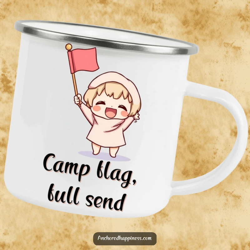 Funny Victory Camping Mug: Small character excitedly brandishes a tiny, fluffy flag, ideal for outdoor sips and spreading cheerful vibes.