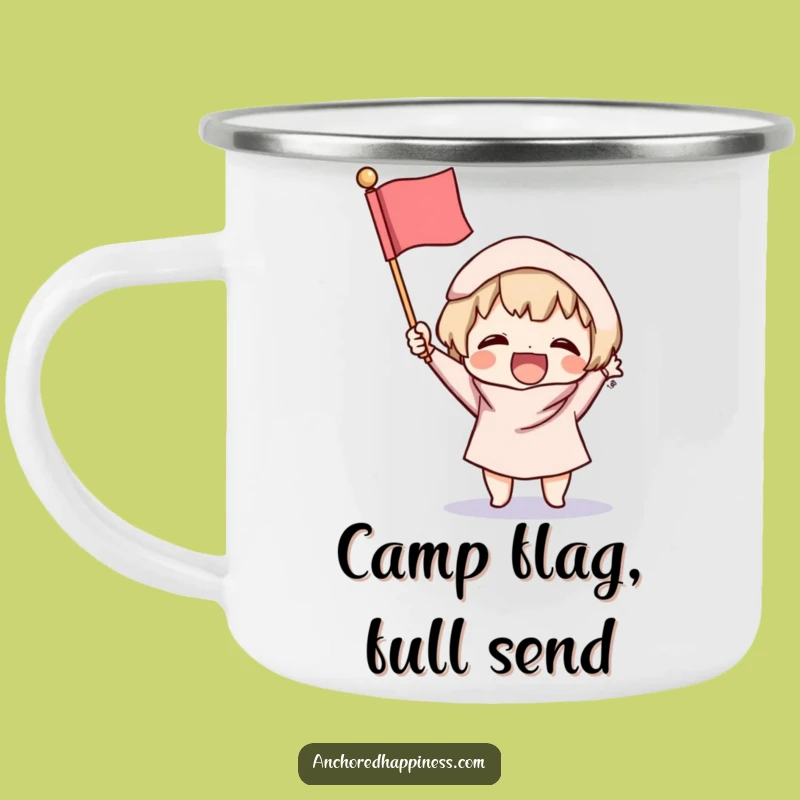 Funny Victory Camping Mug: Excited Character, Fluffy Flag - Outdoor Cheerful Gift