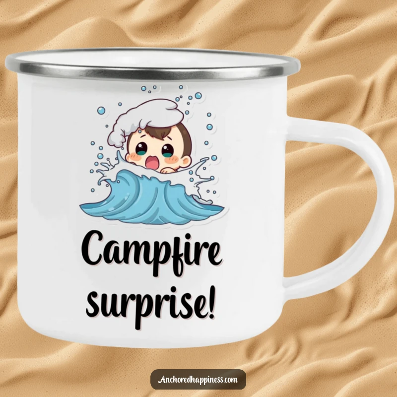 Funny camping mug showing a character comically shocked by a playful wave splash, ideal for outdoor enjoyment.