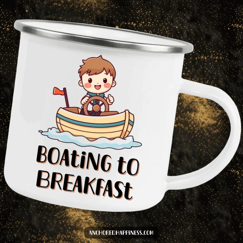 Funny camping mug featuring a cheerful figure comically steering a small, whimsical boat, perfect for rugged journeys and warm beverages.