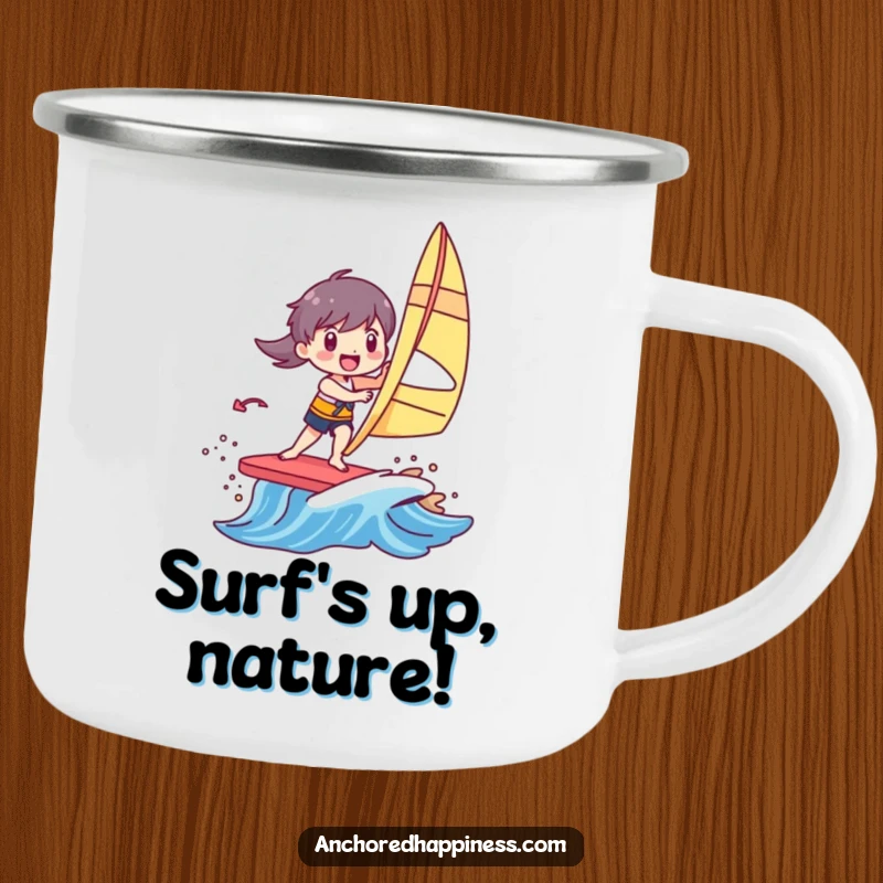 Funny camping mug featuring a character joyfully windsurfing on a small, colorful wave, ideal for outdoor enjoyment.