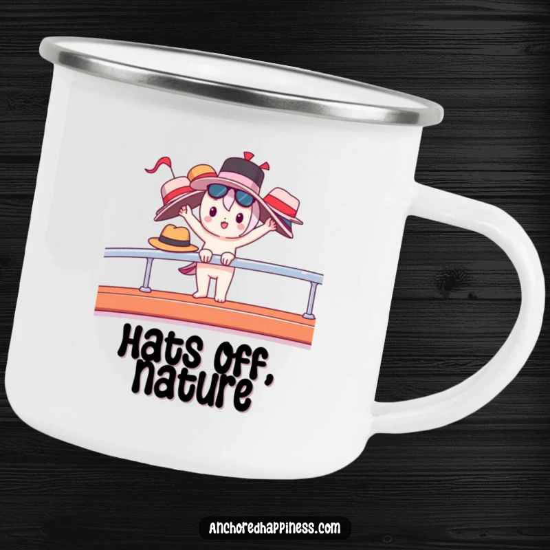 Funny camping mug of a cute character balancing many hats on a yacht railing, ready for the outdoors.