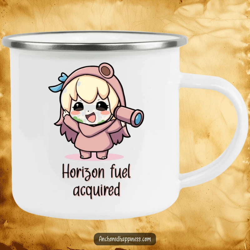 Funny kawaii explorer camping mug, character joyfully spots land through spyglass, durable enamel, for outdoor adventures, humorous gift.