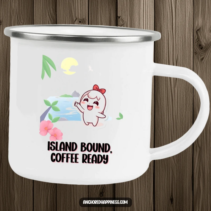 Funny Camping Mug: Cute character pointing at a distant island, perfect for outdoor dreams and adventure, a rugged funny gift.