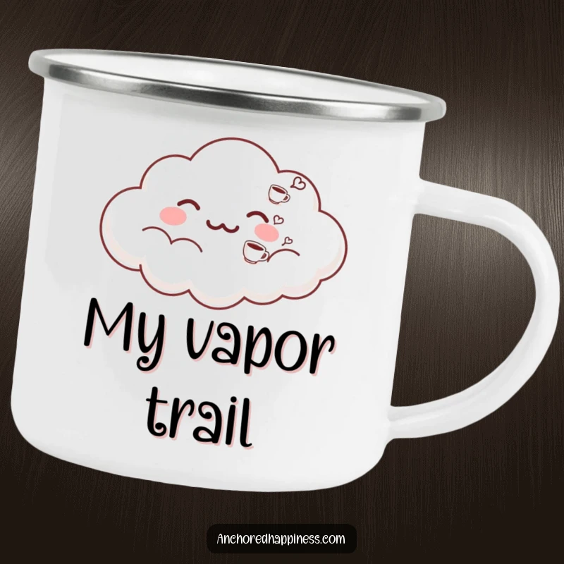 Funny camping mug with a cloud exhaling miniature coffee cups. Durable and humorous, perfect for outdoor coffee enjoyment. Rugged and funny.