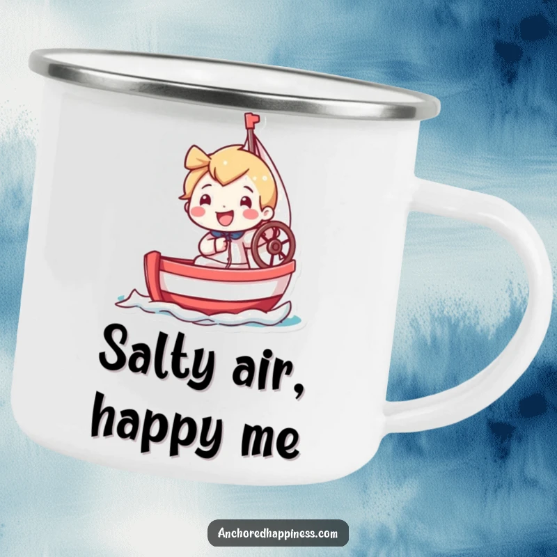 Funny camping mug with a tiny character grinning widely while steering a miniature sailboat, perfect for outdoor escapades.