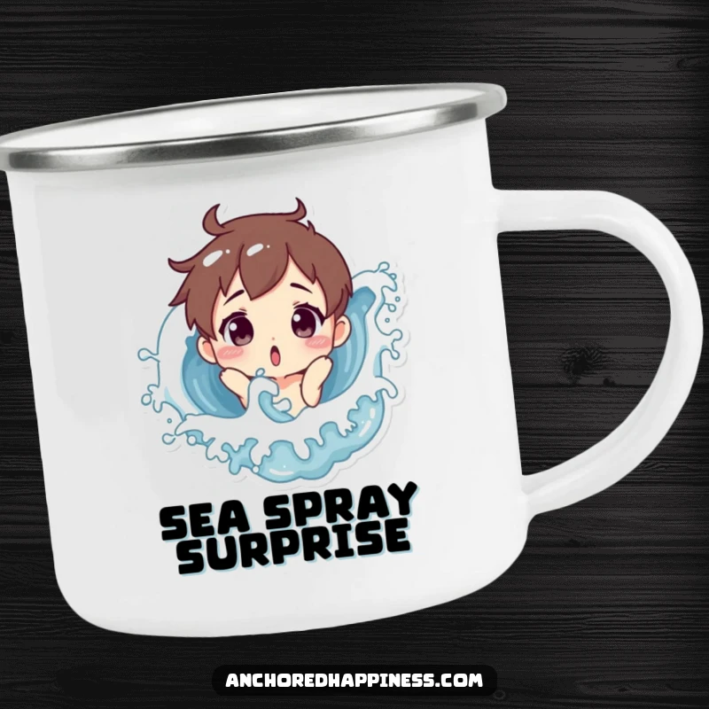 Funny enamel camping mug with a surprised character being playfully splashed by a wave, durable and humorous for outdoor enthusiasts.