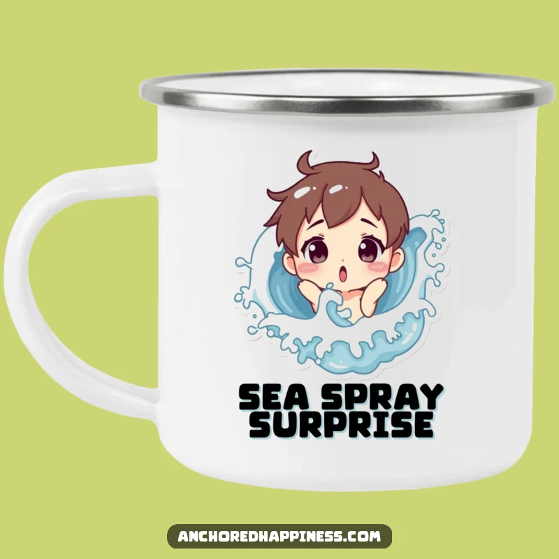 Funny Surprised Splash Camping Mug - Hilarious Wave Character Enamel Cup, Gift