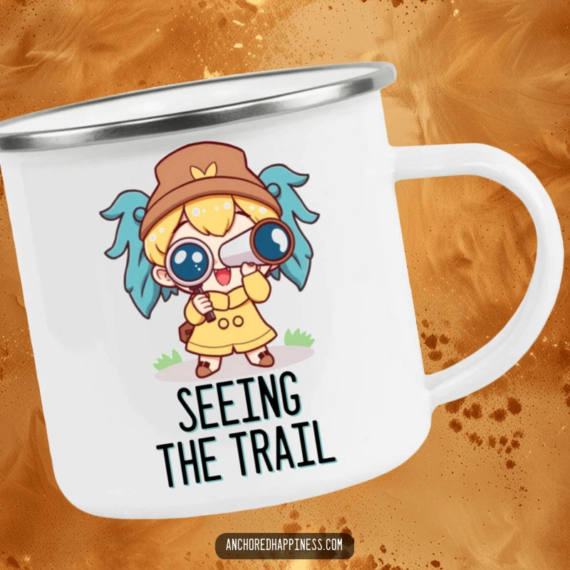 Funny camping mug with a cute character holding a spyglass, looking excitedly ahead, perfect for outdoor enthusiasts.