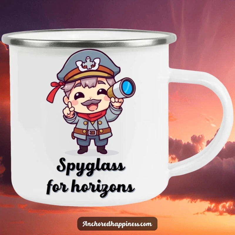 Funny camping mug featuring a character as a captain, spyglass in hand, enduring rugged adventures with humor.