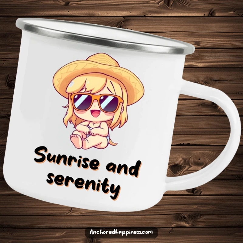 Funny camping mug with a character wearing sunglasses and a straw hat, lounging with delight, ideal for outdoor relaxation.