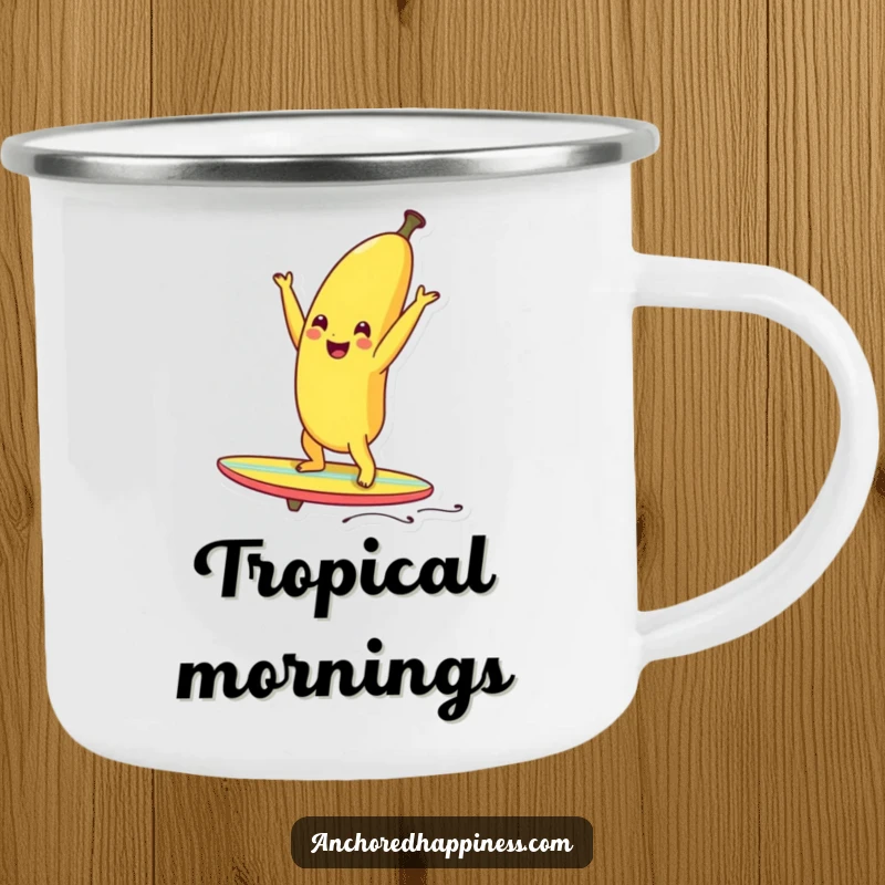 Funny smiling banana doing a handstand on a tiny surfboard, designed for outdoor humor.