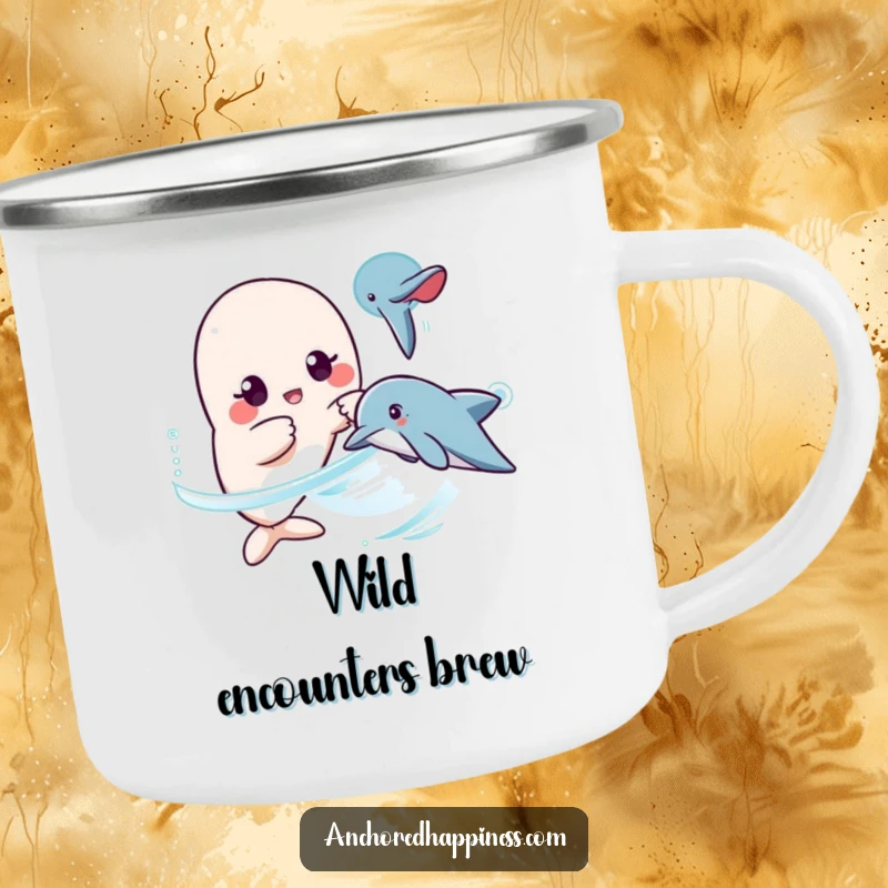 Funny kawaii dolphin surprise camping mug, character surprised, pointing at dolphin, durable enamel, for outdoor adventures, humorous gift.
