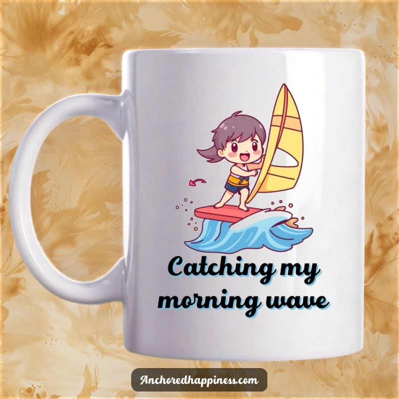 Funny mug showing a character joyfully windsurfing atop a small, vibrant, colorful wave, exuding pure water sport excitement.