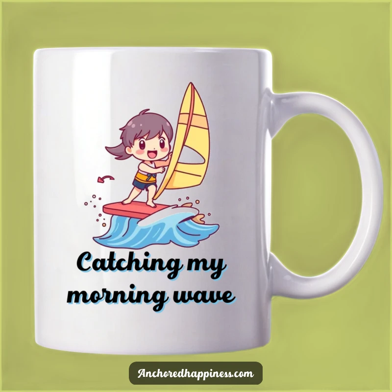 Funny Windsurfer Mug: Joyful Character Riding Colorful Wave, A Perfect Funny Gift for Water Lovers