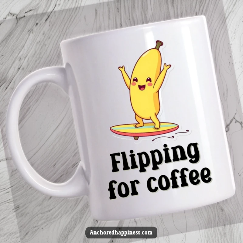 Funny smiling banana balancing in a handstand on a tiny surfboard, looking cheerful and athletic.