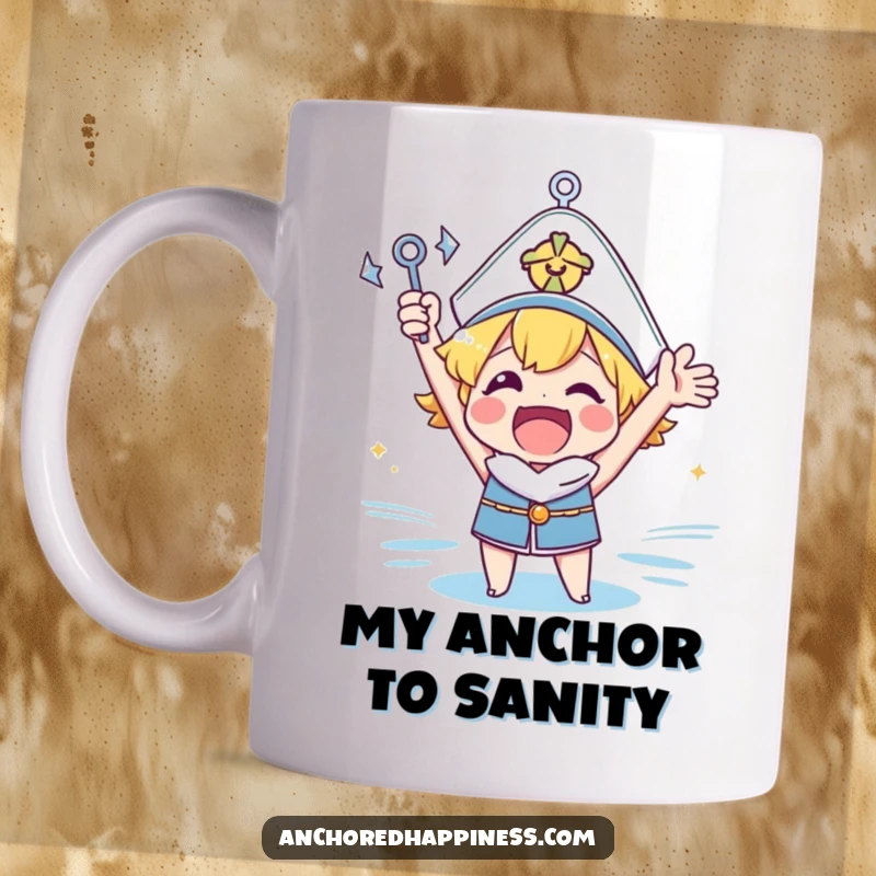 Funny anchor cheer mug showing a joyful character triumphantly holding a miniature anchor aloft, embodying excitement and nautical enthusiasm.