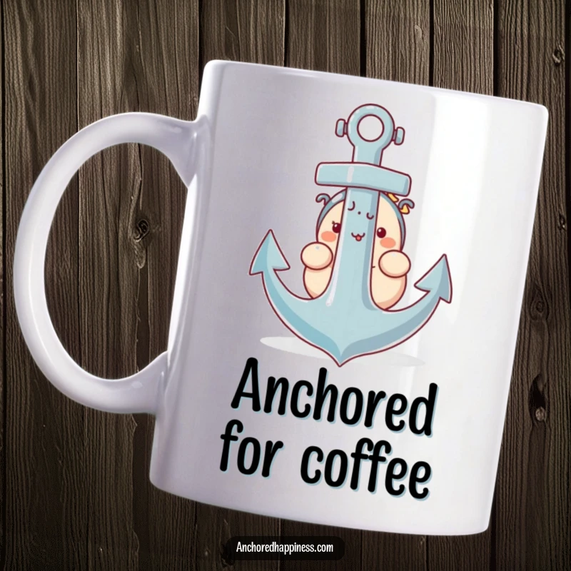 Funny mug featuring a plump character shyly peeking out from behind a massive, sturdy anchor.