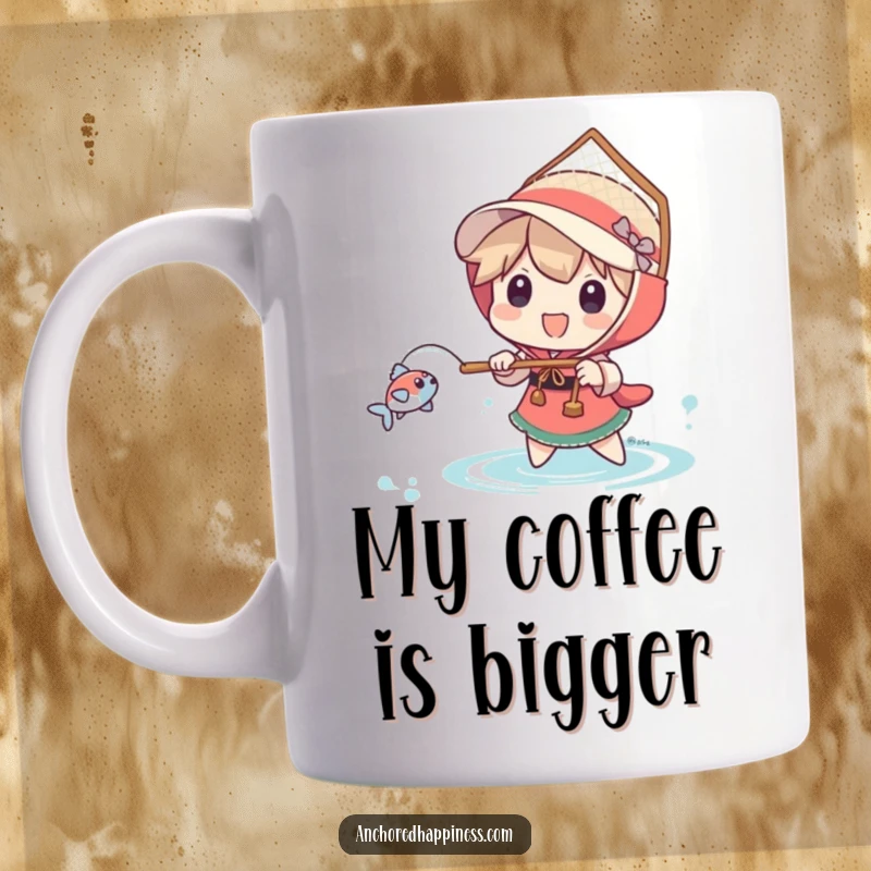 Funny mug showing a character joyfully using a comically oversized net to catch a very small fish, highlighting humorous effort.