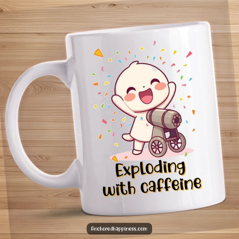 Funny mug showing a joyful character gleefully firing a small cannon that shoots colorful confetti.