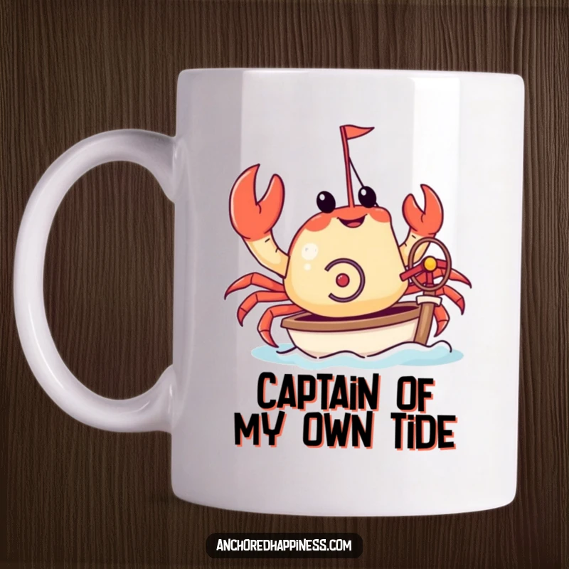 Funny crab mug showing a crab steering a tiny yacht with its pincers. A humorous nautical scene for sea lovers. Great gift idea.