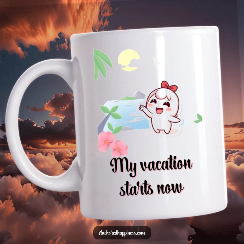 Funny Mug: Cute character joyfully pointing at a distant tropical island, symbolizing adventure and aspirations, perfect for gifting.