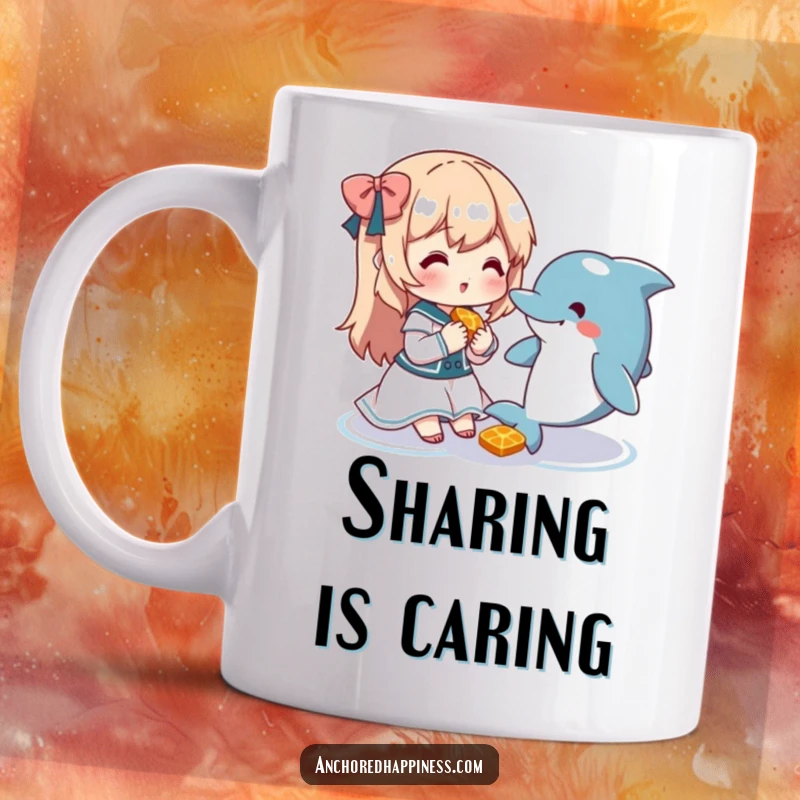 Funny mug depicting a cute character happily sharing a snack with a friendly, smiling dolphin in the ocean.