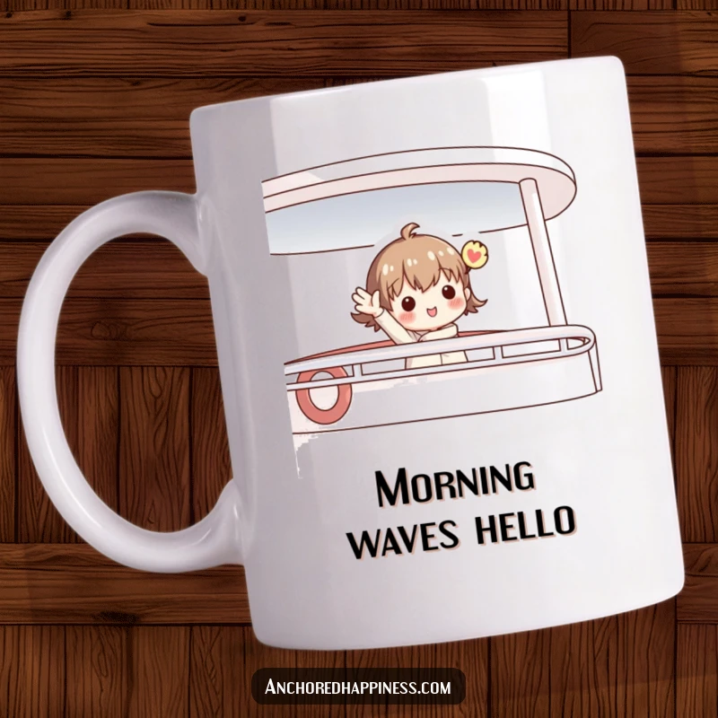 Funny mug featuring a charming figure enthusiastically waving their hand from a boat deck, exuding warmth and nautical friendliness.