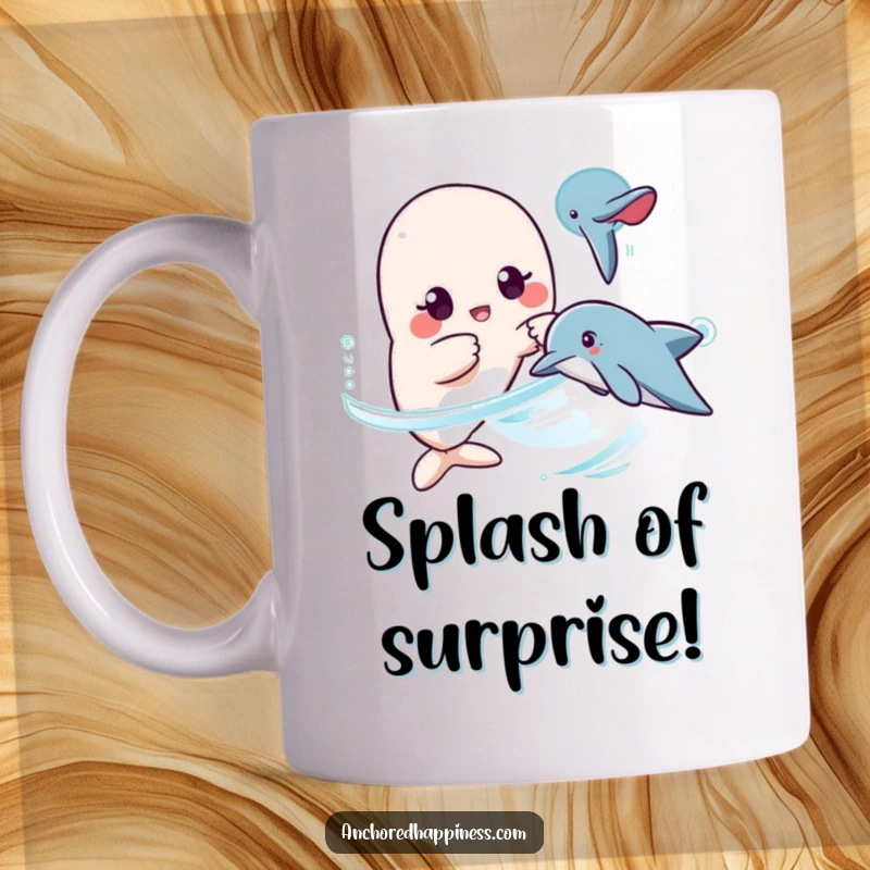 Funny kawaii character mug, surprised expression, pointing at passing dolphin, ocean wonder, humorous gift for animal lovers.