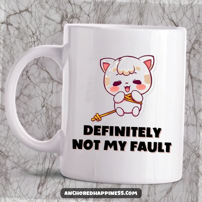 Funny kawaii character comically tangled in a rope, looking bewildered on a humorous coffee mug.