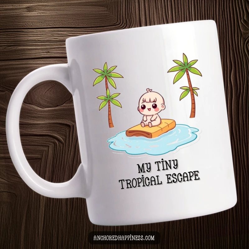 Funny kawaii character in tiny raft on water, happily sunbathing with a smile, ideal for a beach lover's mug.