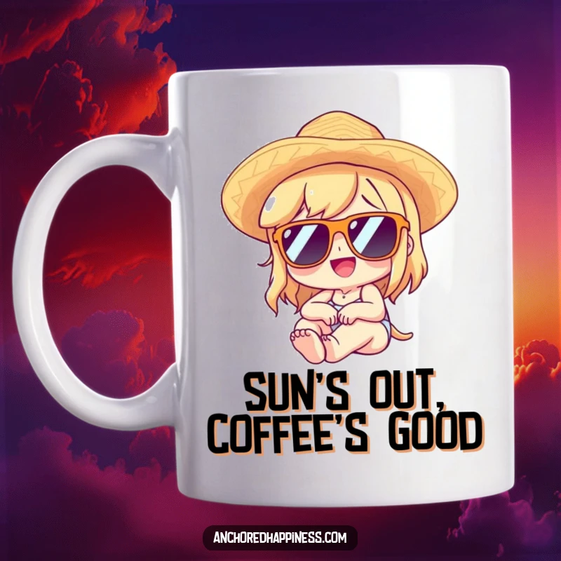 Funny mug with a character wearing sunglasses and a straw hat, lounging blissfully in utter delight and relaxation.