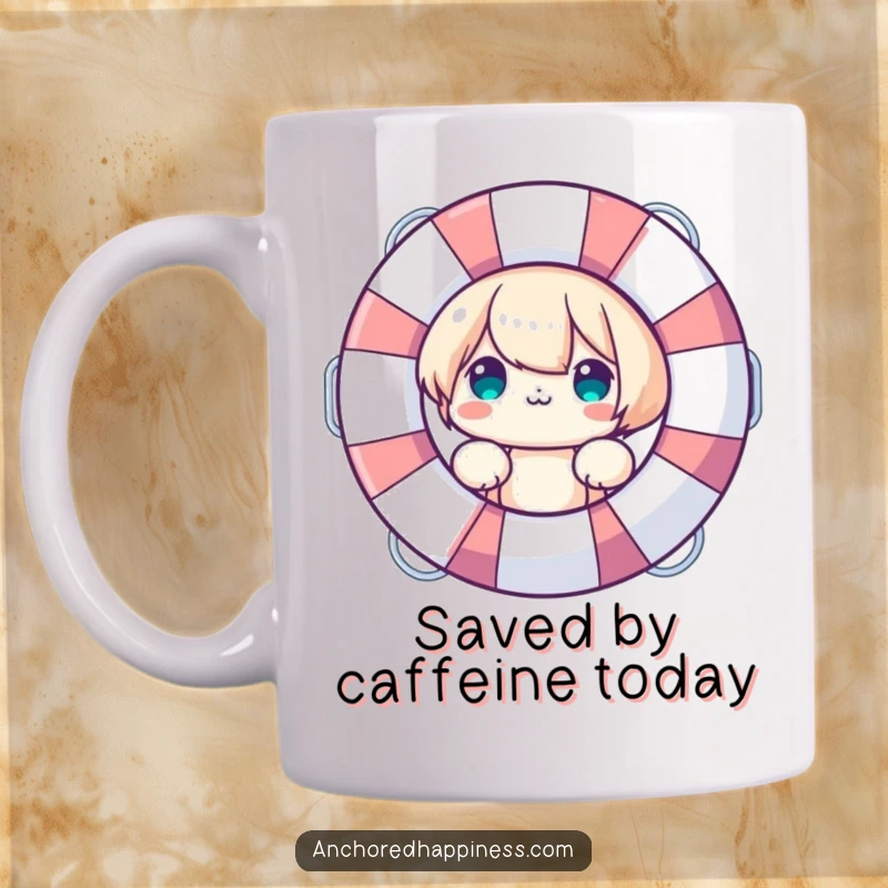 Funny Mug: Cute character peeking playfully from behind a large life preserver, symbolizing safety and fun, perfect for gifting.