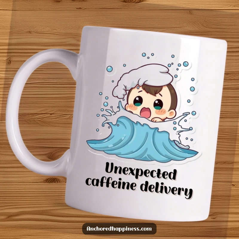 Funny mug showing a character with wide eyes and open mouth, shocked by a playful wave splashing them unexpectedly.