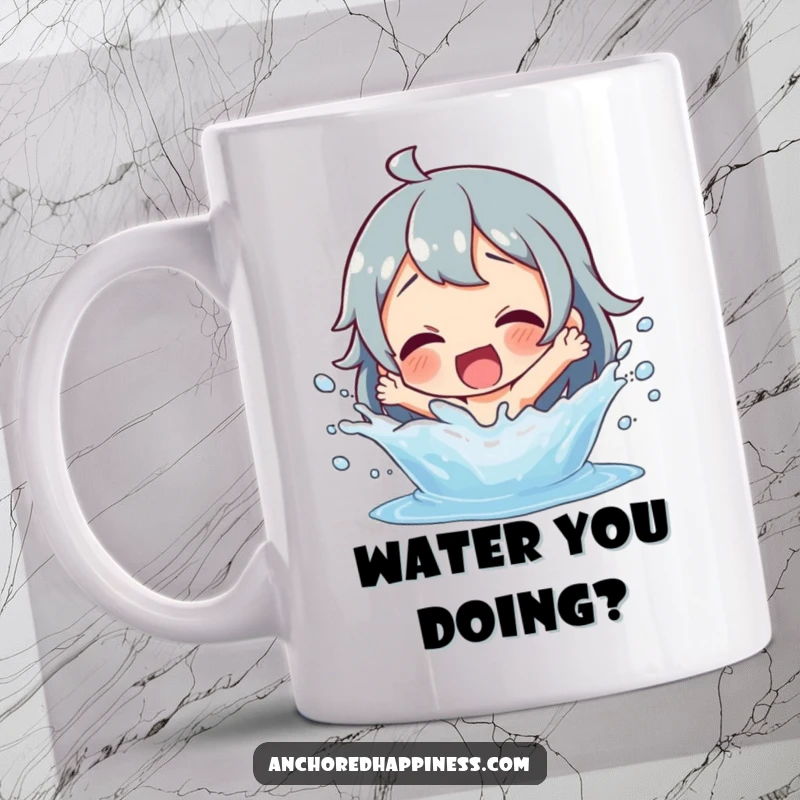 Funny splashing water mug showing a joyful character delightedly playing in water, embodying carefree fun and happiness.