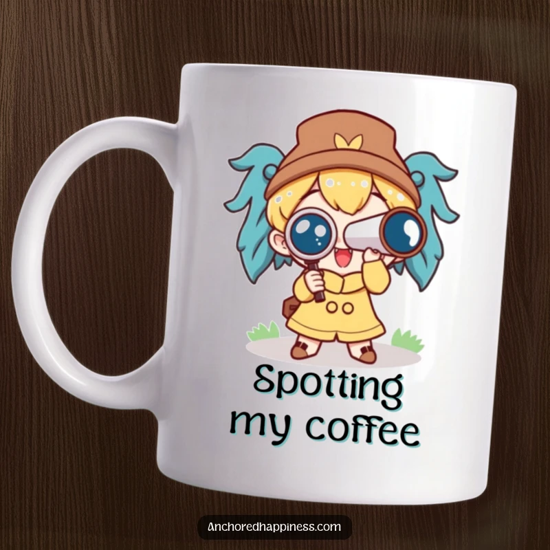 Funny mug with a cute character holding a spyglass, excitedly peering into the distance with anticipation and wonder.
