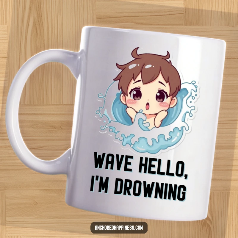 Funny mug featuring a cartoon character with a shocked face getting playfully splashed by a big blue wave, showcasing surprise and ocean fun.