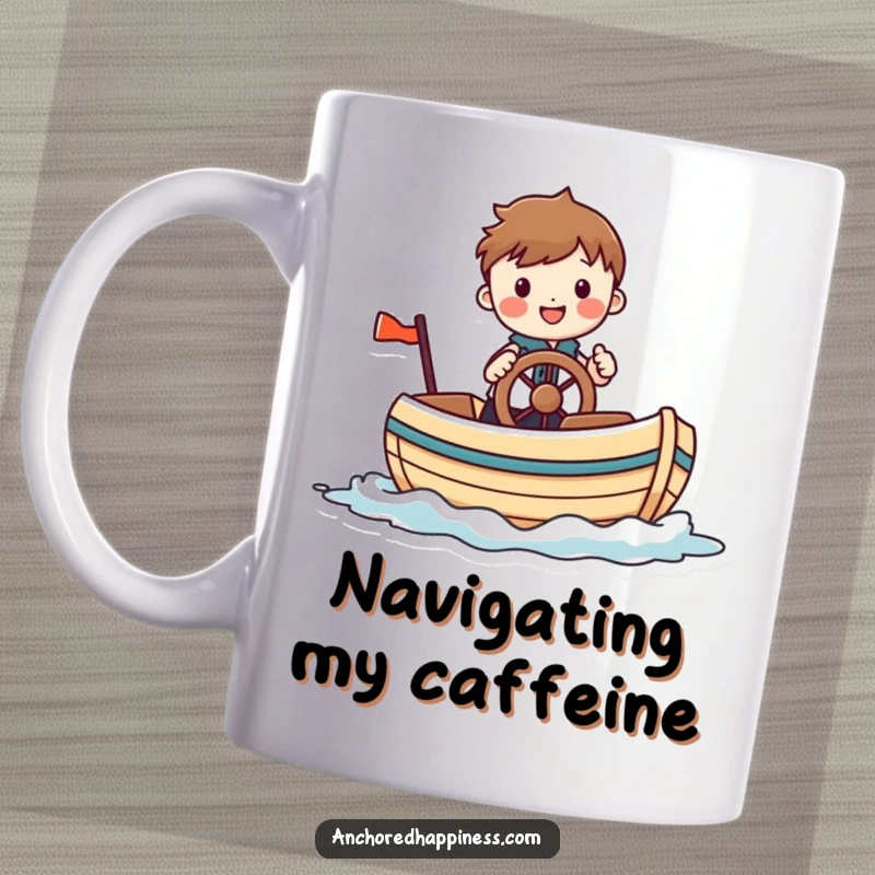 Funny mug depicting a cheerful figure comically steering a small, whimsical boat, radiating joy and a love for nautical journeys.