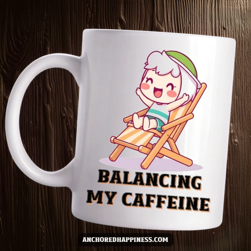 Funny Wobble Mug: Happy character attempts to balance on a wobbling deck chair, showcasing a funny struggle with relatable humor.