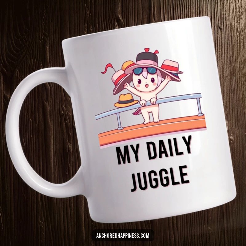 Funny mug showing a cute character precariously balancing many stylish hats on a yacht railing, looking amused.