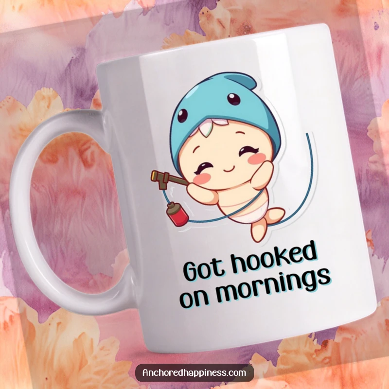 Funny mug featuring a cute character hilariously tangled in fishing line, smiling with a playful, caught-but-happy expression.