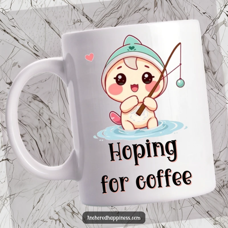 Funny mug featuring a playful character with a hopeful expression casting a fishing line, embodying the optimistic spirit of anglers.