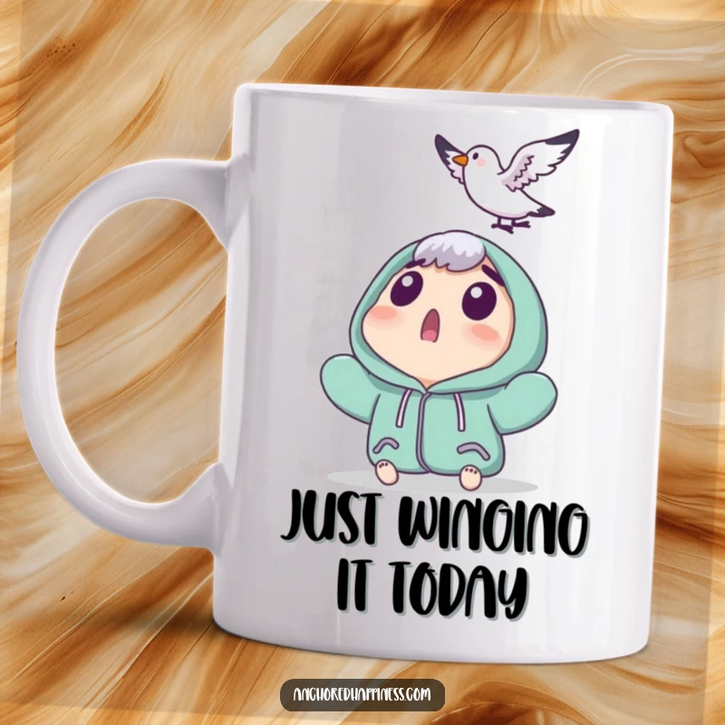 Funny mug featuring a surprised character looking up as a tiny seagull lands nearby, capturing a moment of hilarious avian interaction.